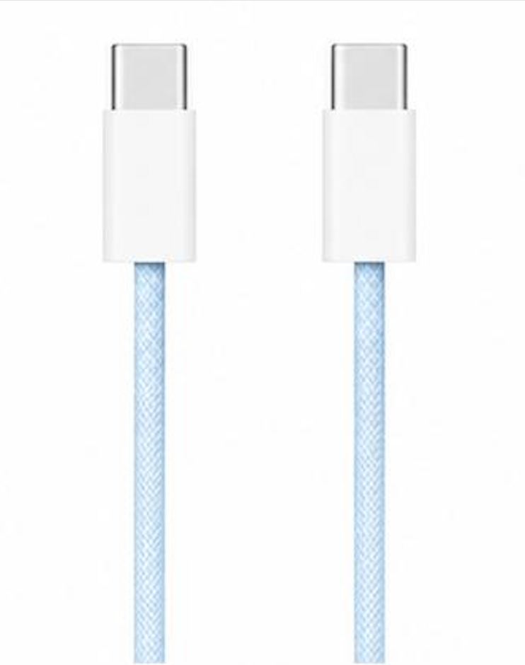 Slacked Woven USB-C Cable in blue, close-up of both USB-C connectors