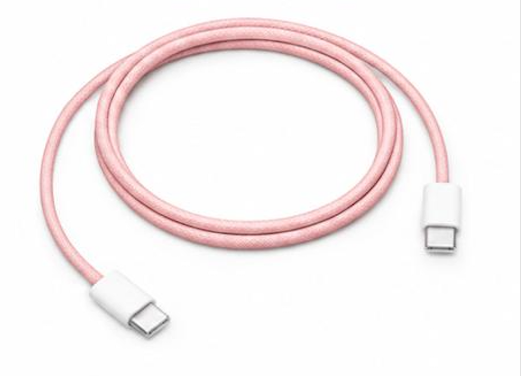 Slacked Woven USB-C Cable in pink, coiled 1 metre braided nylon cable