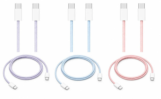 Slacked Woven USB-C Cables in purple, blue and pink, coiled on a white background